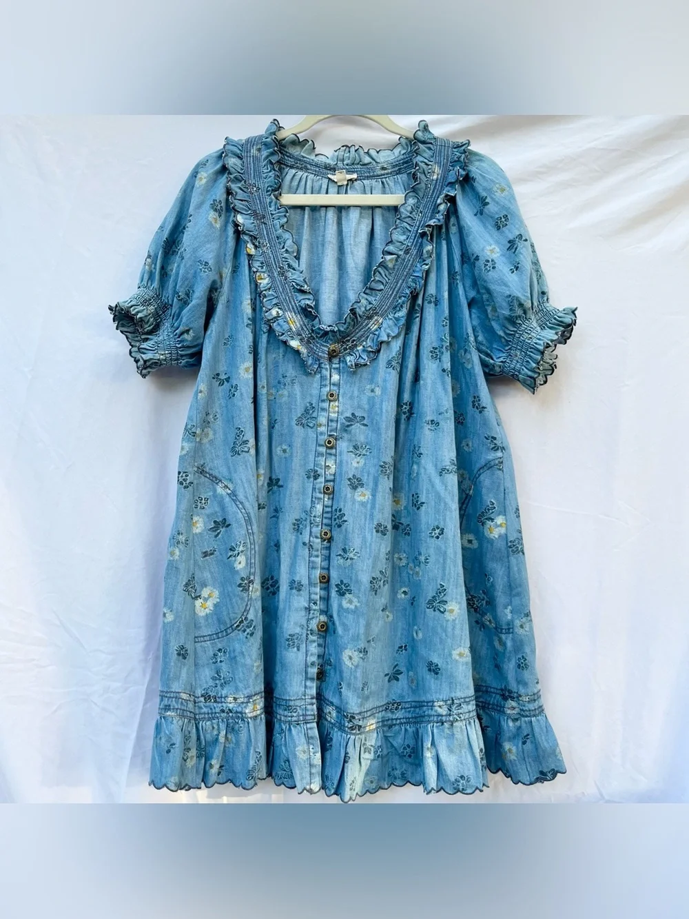 ANTHROPOLOGIE | PILCRO FLORAL PUFF SLEEVE RUFFLED V-NECK SWING MINI DRESS LARGE - Picture 3 of 8